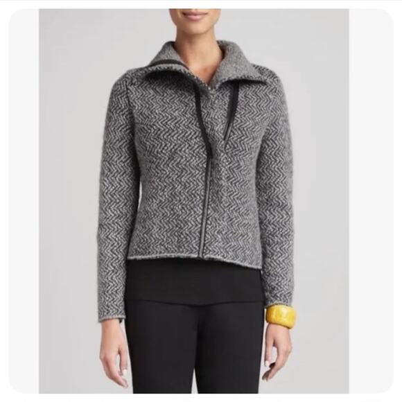 Eileen Fisher | Organic Wool Blend Leather Trim Chevron Moto Jacket Women’s XL - Picture 1 of 10